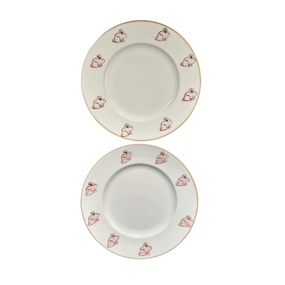Spring Easter Dinner Plates with Pink Bunnies on the Edge Set of 2